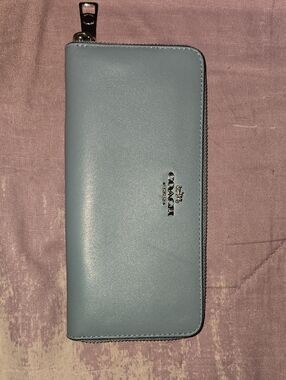 Coach Leather Zip Wallet in Pale Blue with Silver Hardware